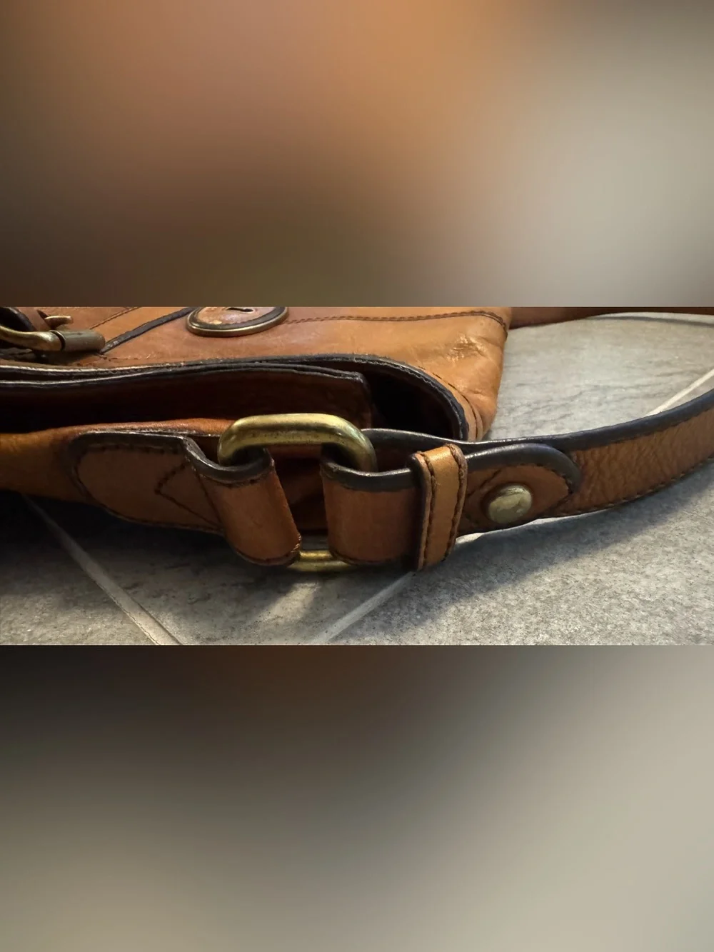 VINTAGE Fossil Leather Messenger Bag Brass Accents Leather Strap
